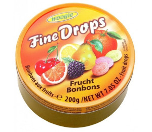 Woogie Fine Drops bonbny s ovocnou pchut v kovov krabice 200g